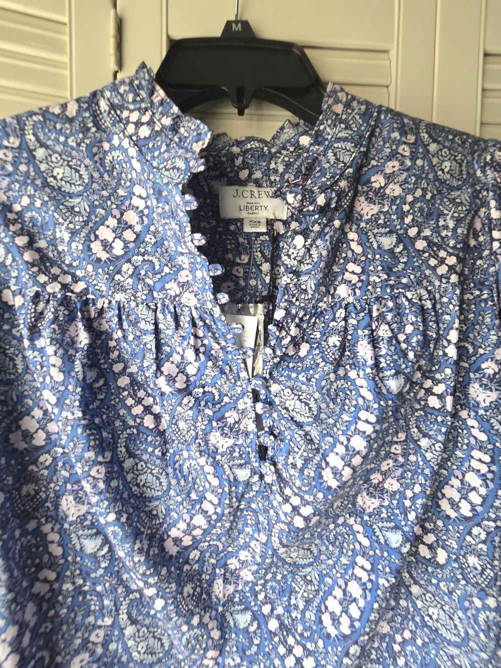 NWT J. Crew Liberty Blue Paisley Floral Button-Front Popover Blouse Cotton XXS